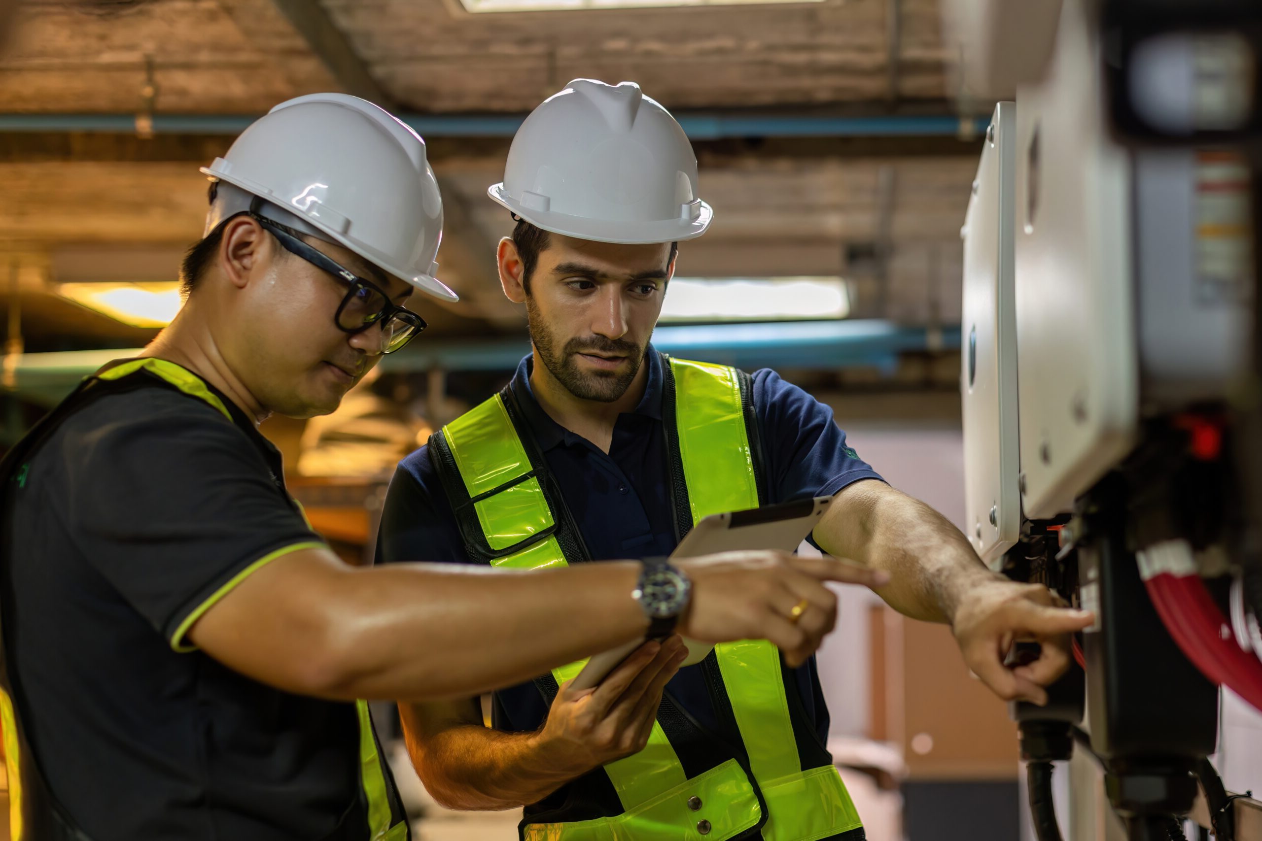 Two engineers wearing hard hats and reflective vests working together in an industrial setting. One points to a piece of equipment while the other reviews information on a tablet.