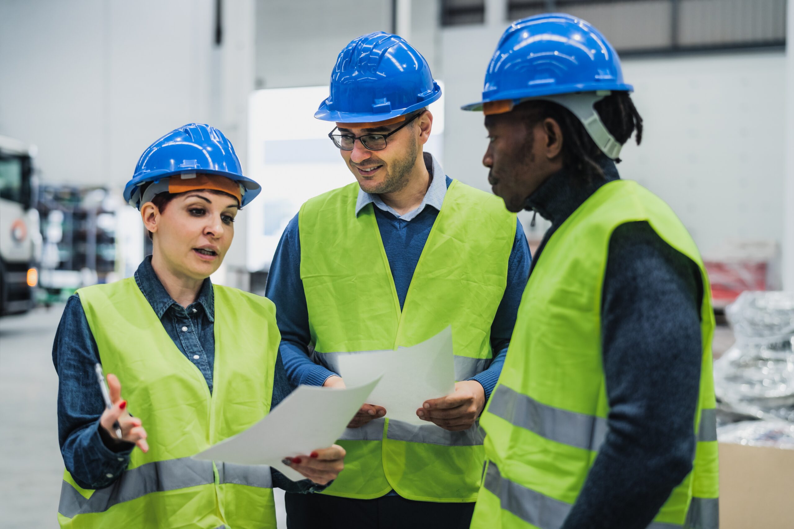 Three workers wearing hard hats and reflective vests engaged in a detailed conversation, with one explaining while holding documents.