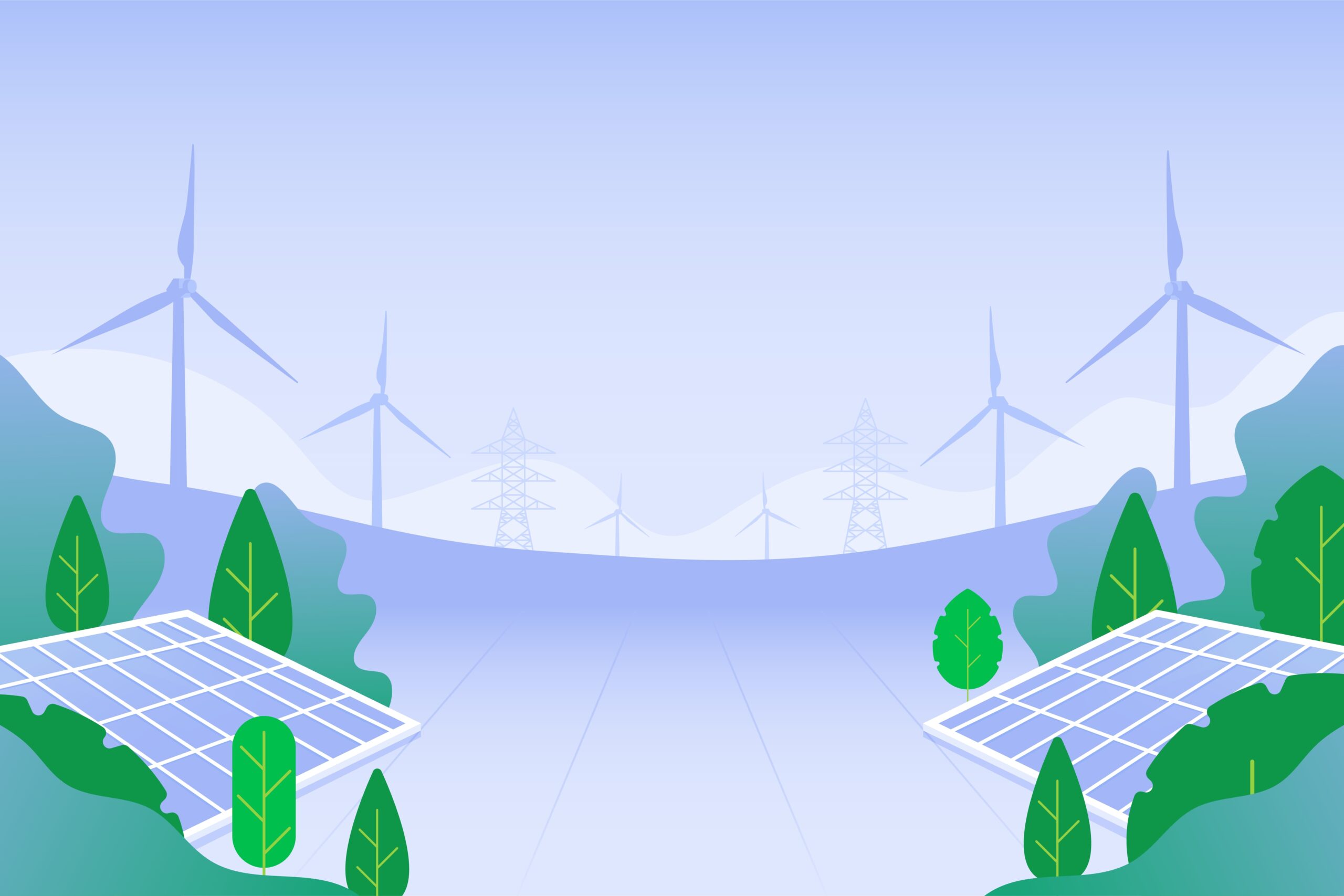 Illustration of wind turbines and solar panels in a green landscape with power lines in the background.